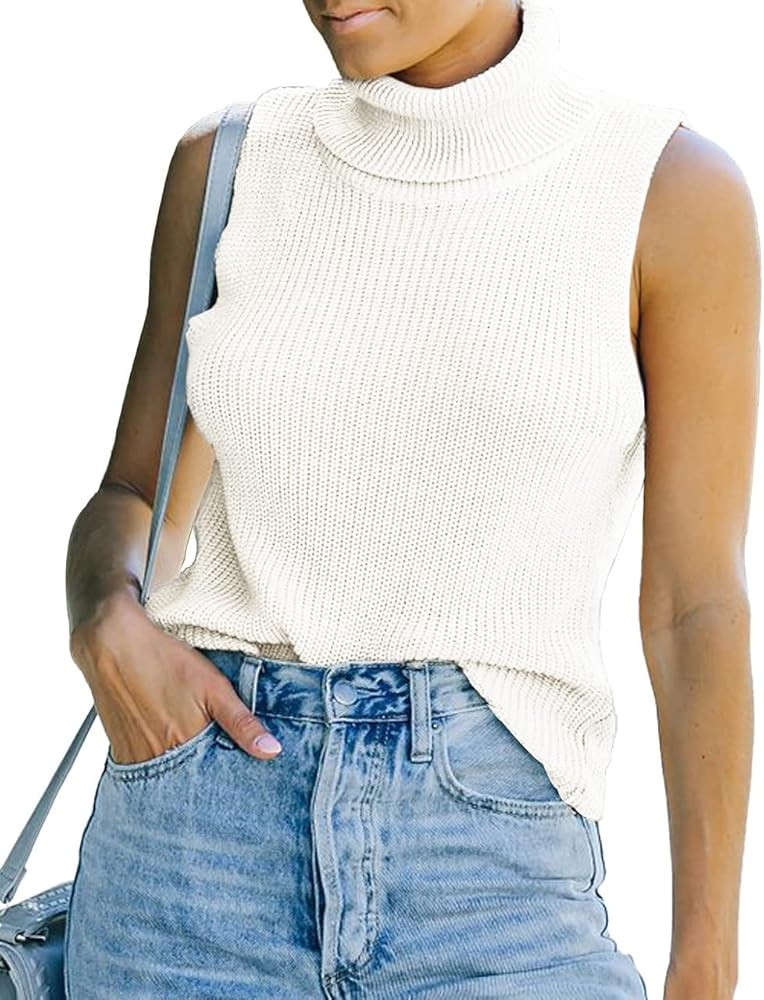 Womens Sleeveless Sweater Vest Turtleneck Ribbed Knit Tank Tops Basic Slim Fit Top White | Amazon (US)