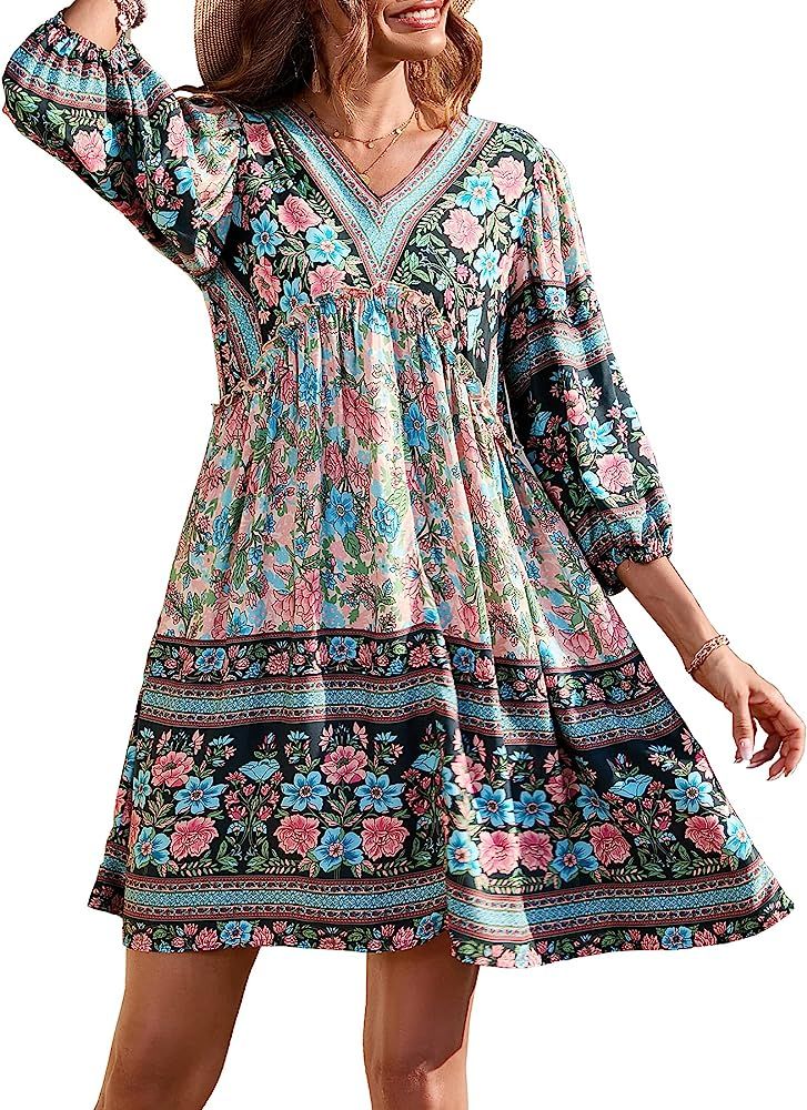 BTFBM Women Casual Spring Summer Dresses V Neck 3/4 Long Sleeve Ruffle Floral Flowy Boho Babydoll... | Amazon (US)