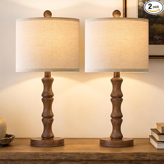 BOBOMOMO 20.5" Rustic Table Lamps Set of 2, Farmhouse Nightstand Lamp with Wood Grain Resin Base ... | Amazon (US)