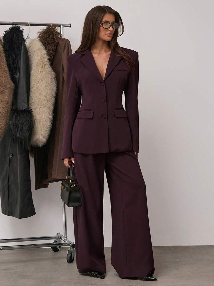 SHEIN BAE Women's Autumn/Winter Burgundy Solid-Color Suit Set A Stylish Choice For Commuting Women's Tailoring Set Autumn/Winter Workwear Ensemble Ideal For Professional Settings Christmas Women's Clothing,Cozy Fall And Winter Clothes For Women,Fall,Fall Clothes For Women | SHEIN