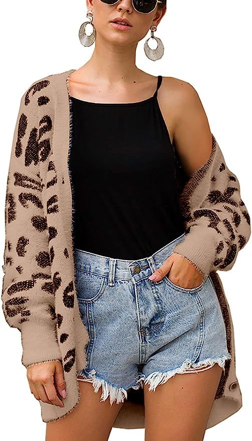 BTFBM Women Fashion Leopard Print Button Down Long Sleeve Soft Loose Knit Sweater Cardigan Coat F... | Amazon (US)