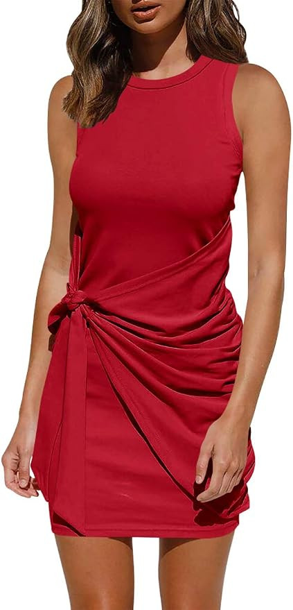 AMABMB Women's Summer Dress Casual Sleeveless Tank Dress Crewneck Ruched Tie Waist Mini Dresses | Amazon (US)