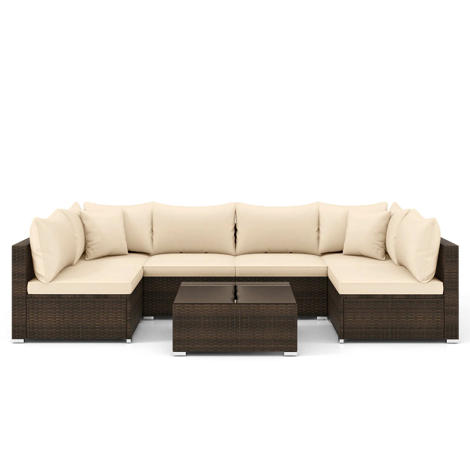 Slickblue 7 Piece Rattan Outdoor Sectional Sofa with Beige/Navy Cushions and Steel Frame for Patio Garden Backyard or Poolside Polyester one_size | Lowe's