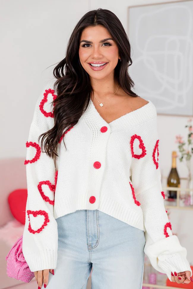 Better Together Ivory Heart Embroidered Cardigan | Pink Lily