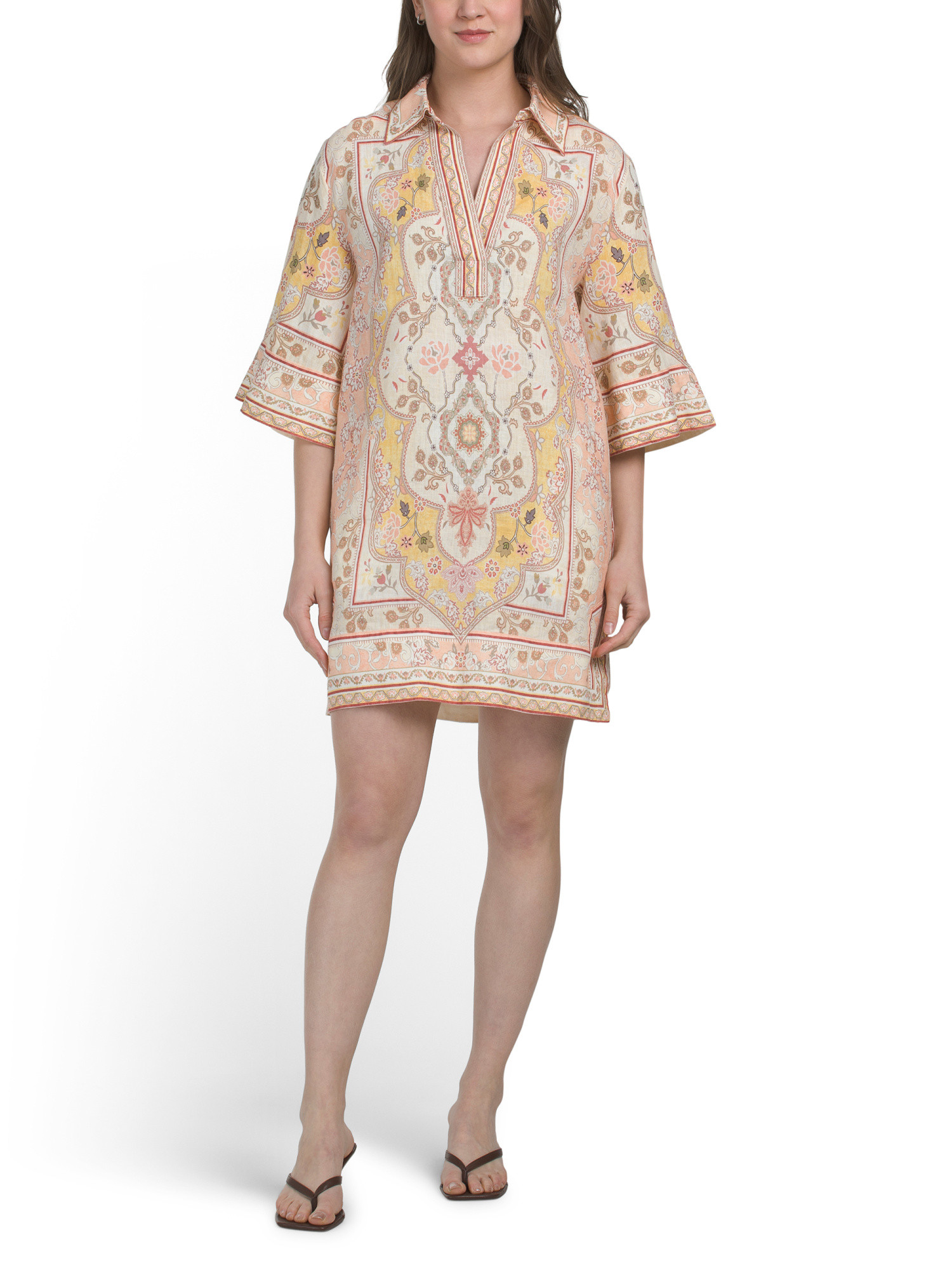 Linen Elbow Sleeve Collared Split Neck Mini Dress | TJ Maxx