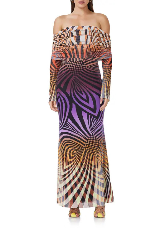 AFRM Thelma Off the Shoulder Long Sleeve Maxi Dress in Linear Abstract at Nordstrom, Size Large | Nordstrom