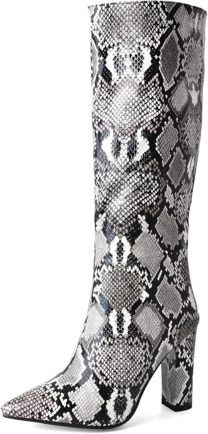 SHEMEE Women's Colorful Snakeskin Knee High Boot Chunky Block High Heels Snake Print Round Toe Zipper Slouch Shoes | Amazon (US)