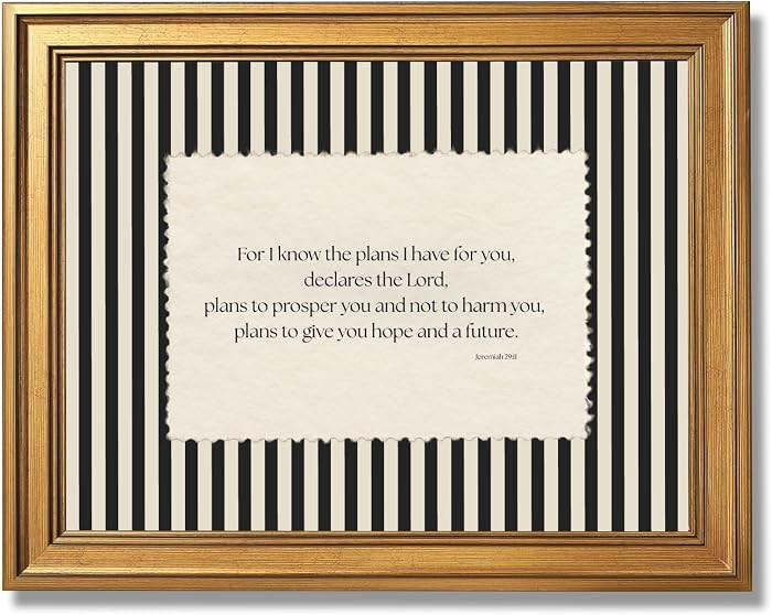 Gold Framed Striped Bible Verse Wall Art Jeremiah 29:11 Christian Scripture Canvas Poster Prints Vintage Farmhouse Faith Quote Painting Love Joy Peace Picture Artwork for Home Decor 24x36inch | Amazon (US)