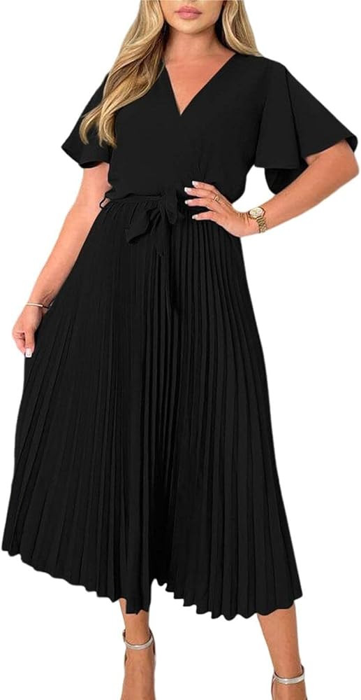 PRETTYGARDEN Women's Wrap V Neck Satin Dress Ruffle Short Sleeve Tie Waist Midi Dress Pleated A-Line | Amazon (US)