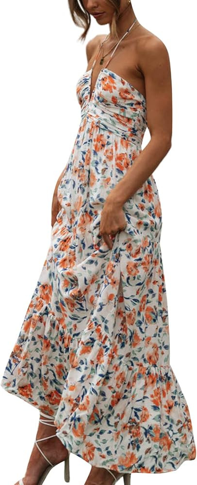 Women's Halter Maxi Dress Sleeveless Backless V Neck Floral Tiered Maxi Dress 2024 Summer Boho Long Dress | Amazon (US)