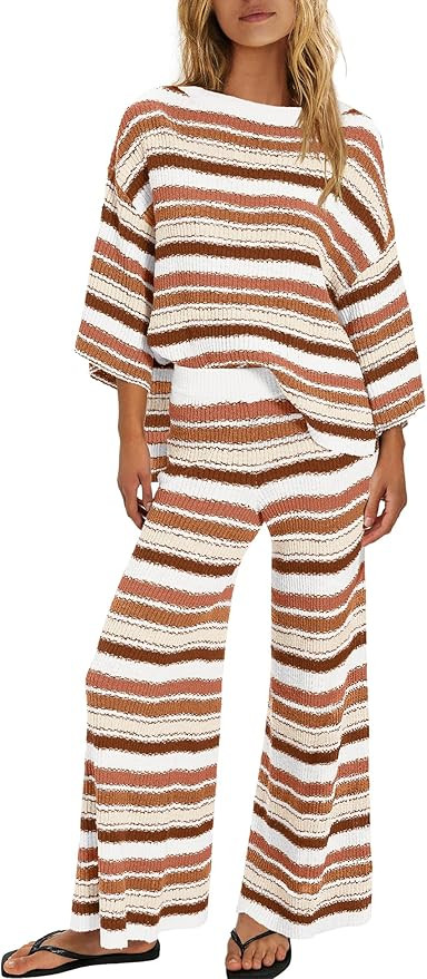ReachMe Womens Oversized Striped 2 Piece Set Sweater and Wide Leg Pants with Pockets Pajama Loung... | Amazon (US)