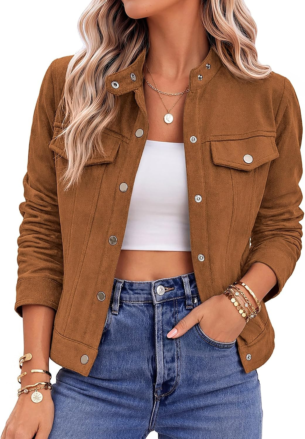 Zeagoo Faux Suede Cropped Jackets for Women Trendy Fall Shackets Coats | Amazon (US)