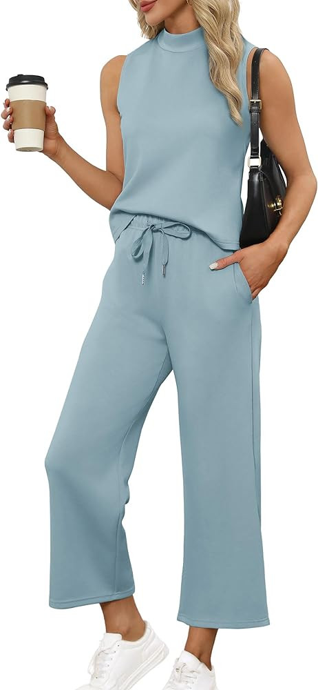 SAMPEEL Two Piece Sets for Women Summer Outfits Lounge Sets Mock Neck Tops Wide Leg Crop Pants Va... | Amazon (US)