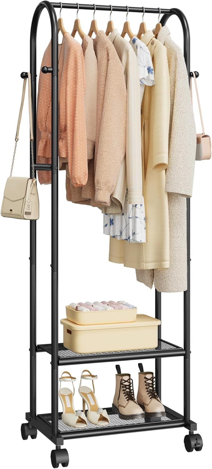 Modern Premium Clothes Rack with 2-Tier Mesh Shoe Shelves & 4 Hooks, Lockable Wheels, Space-Savin... | Amazon (US)
