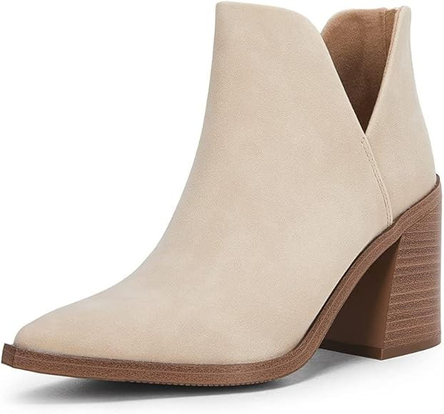 Kathemoi Womens Slip on Ankle Boots V Cutout Pointed Toe Chunky Stacked Mid Heel Booties | Amazon (US)