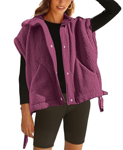 OPCAKM Women's Fuzzy Fleece Vest Oversized Sleeveless Sherpa Jacket Warm Button Down Gilet Outerwear with Pockets(PurplishRed-S) | Amazon (US)