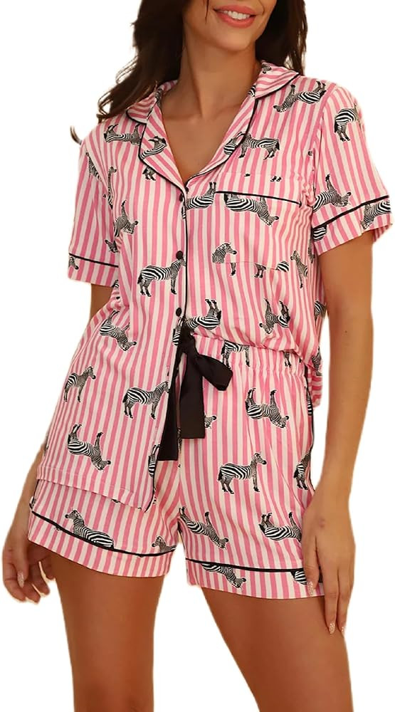 Women Cute Animal Print Pajama Set Short Sleeve Button Down Shirt Lounge Shorts Set Y2k Cartoon 2... | Amazon (US)