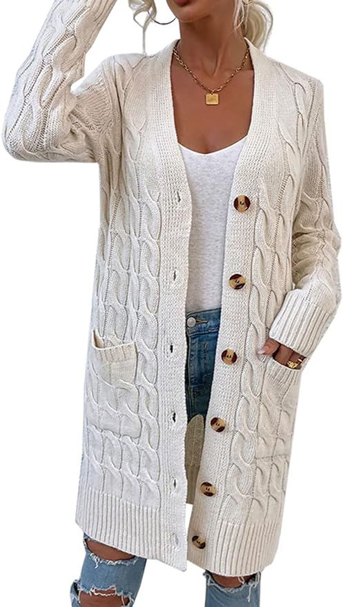 futurino Women's Chunky Twist Knitted Open Front Patch Pocket Long Cardigan Oversized Coat | Amazon (US)