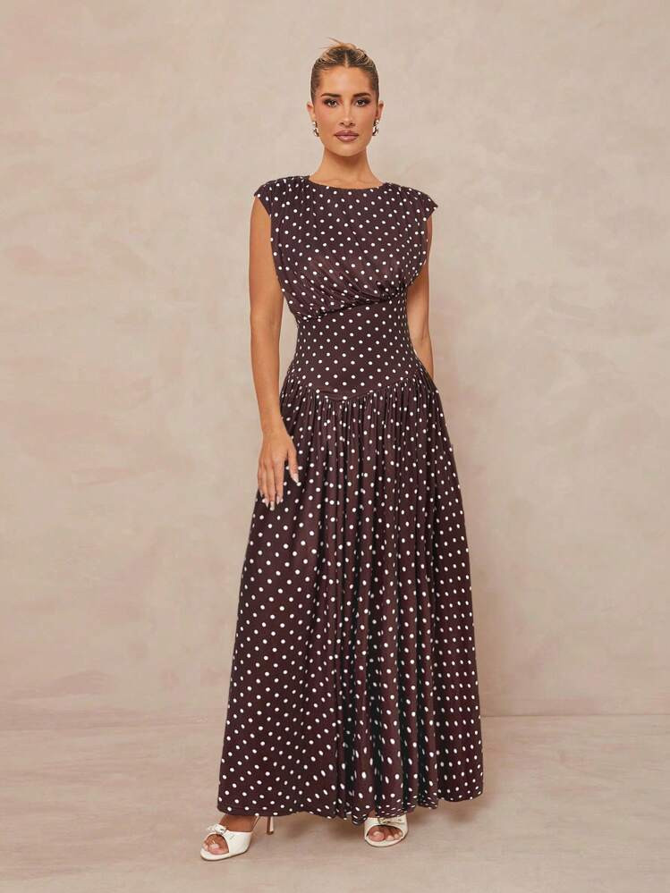 Lumalex Polka Dot Print V-Neck Waist Defined Oversized Flare Hem Women's Dress, Sleeveless | SHEIN