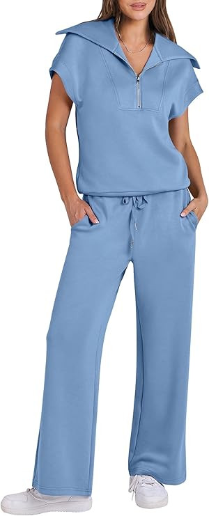 Caracilia Womens 2 Piece Outfits Sweatsuit Half Zip Lapel Collar Short Sleeve Sweatshirt Wide Leg... | Amazon (US)