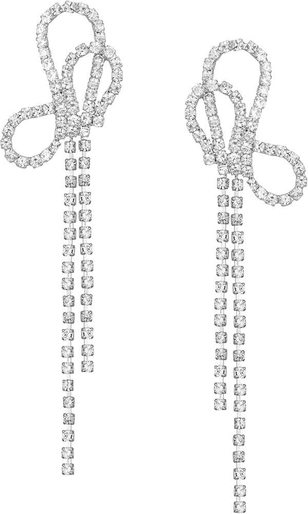 SWEETV Sparkly Rhinestones Earrings for Women, Silver Crystal Bow Drop Dangle Tassel Earrings for... | Amazon (US)