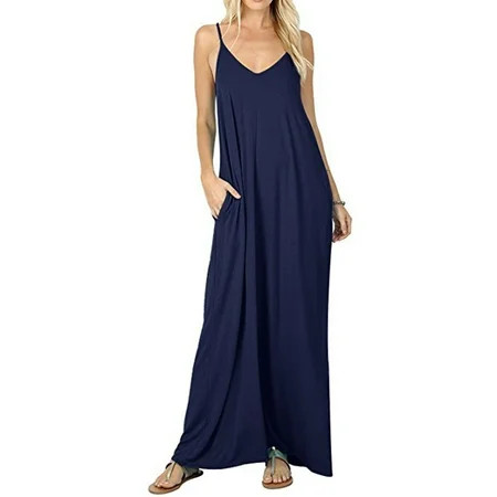 Women Boho Spaghetti Strap Sleeveless Casual Baggy Long Maxi Dresses Loose V-neck Evening Party Holi | Walmart (US)