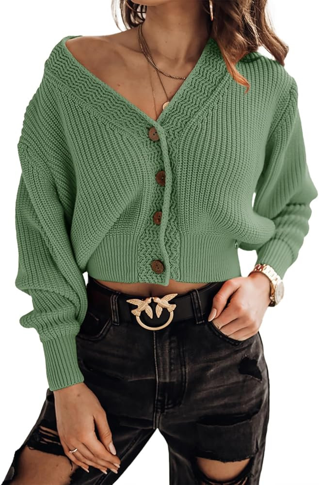 Febriajuce Women's Long Sleeve V-Neck Button Down Rib Knit Cropped Cardigan Sweater | Amazon (US)