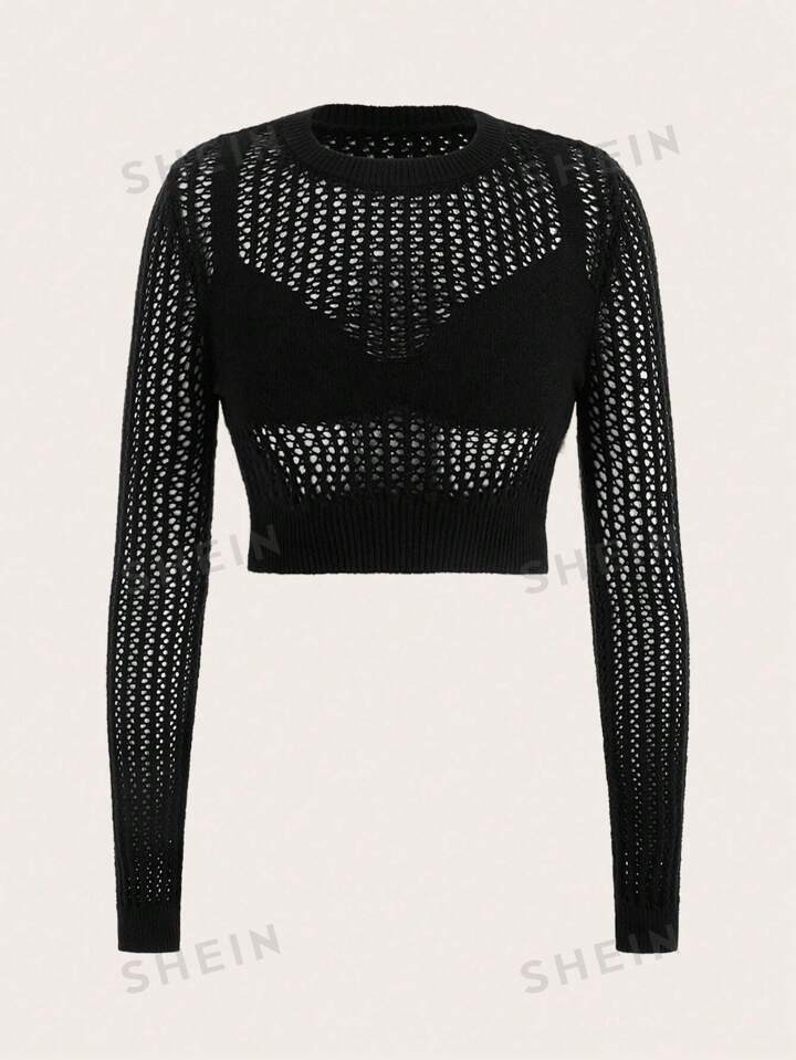 SHEIN ICON Hollow Out Crop Sweater Without Bra | SHEIN