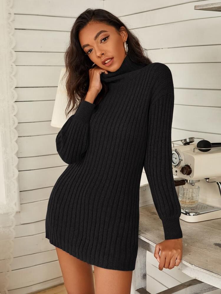 High Neck Drop Shoulder Rib-knit Sweater Dress | SHEIN