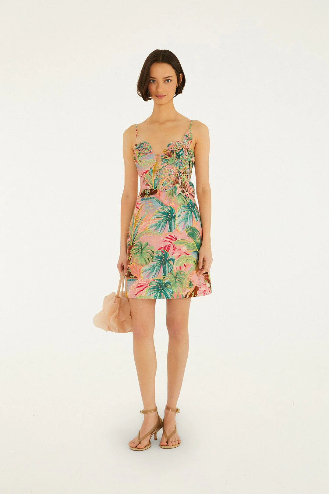 Soft Pink Pool Time 3d Flowers Euroflax Premium Linen Mini Dress | FARM Rio | FarmRio (US)