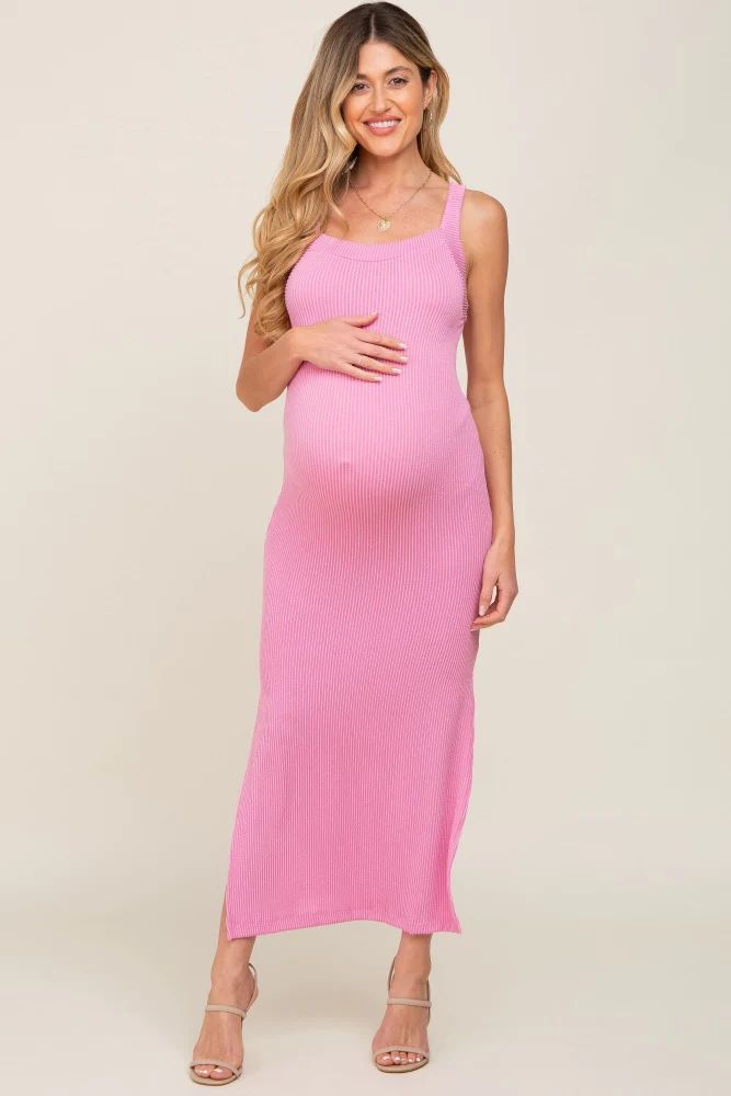 Pink Rib Knit Side Slit Maternity Maxi Dress | PinkBlush Maternity