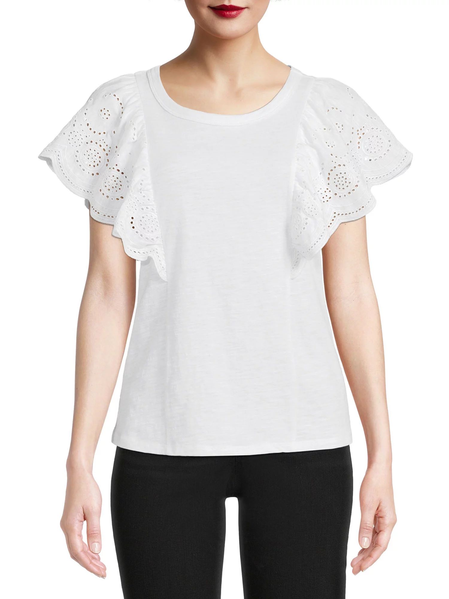 Time and Tru Women's Eyelet Flutter Sleeve Top | Walmart (US)