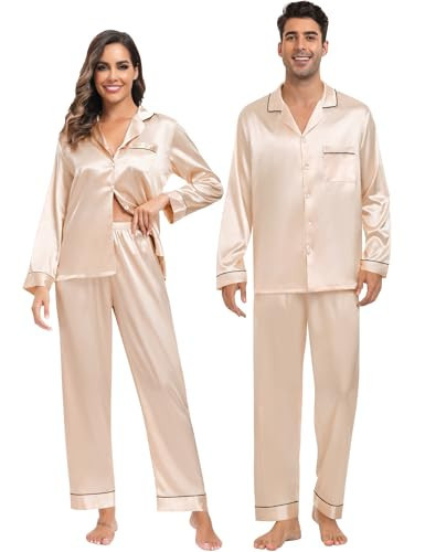 SWOMOG Couples Matching Pajamas Set Christmas Family Pajamas Long Sleeve Button Down Pj Set 2Pcs Festival Party Sleepwear Champagne | Amazon (US)