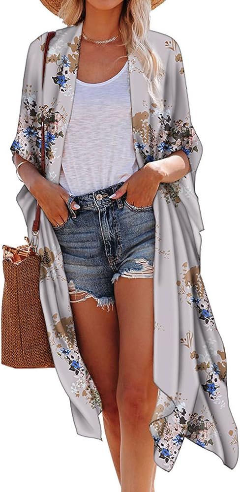 Hibluco Women's Summer Chiffon Floral Kimono Cardigan Long Swimwear Cover Ups | Amazon (US)