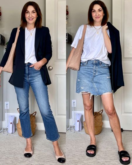 Morning to afternoon spring outfit in basic denim, white tee and black blazer!
This white tee is a men’s M, I wanted an oversized fit and that’s what I got! It’s soft, not sheer and comes in a two pack for a great price.
Wearing my usual S in the blazer and 27 in the kick crop jeans.
Ballet flats fit very small, I went up a whole size.
My denim skirt is from last year but I found a few very similar ones. 
The black slide sandals fit tts.


#LTKstyletip #LTKshoecrush #LTKitbag