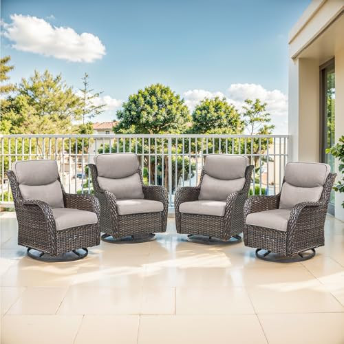 Artfurniz Outdoor Swivel Rocker Patio Chairs Set of 4-5" Thick Cushion 4 Piece Furniture Set All Weather Comfortable Wicker Conversation Set for Porch Poolside and Deck - Brown-Beige | Amazon (US)