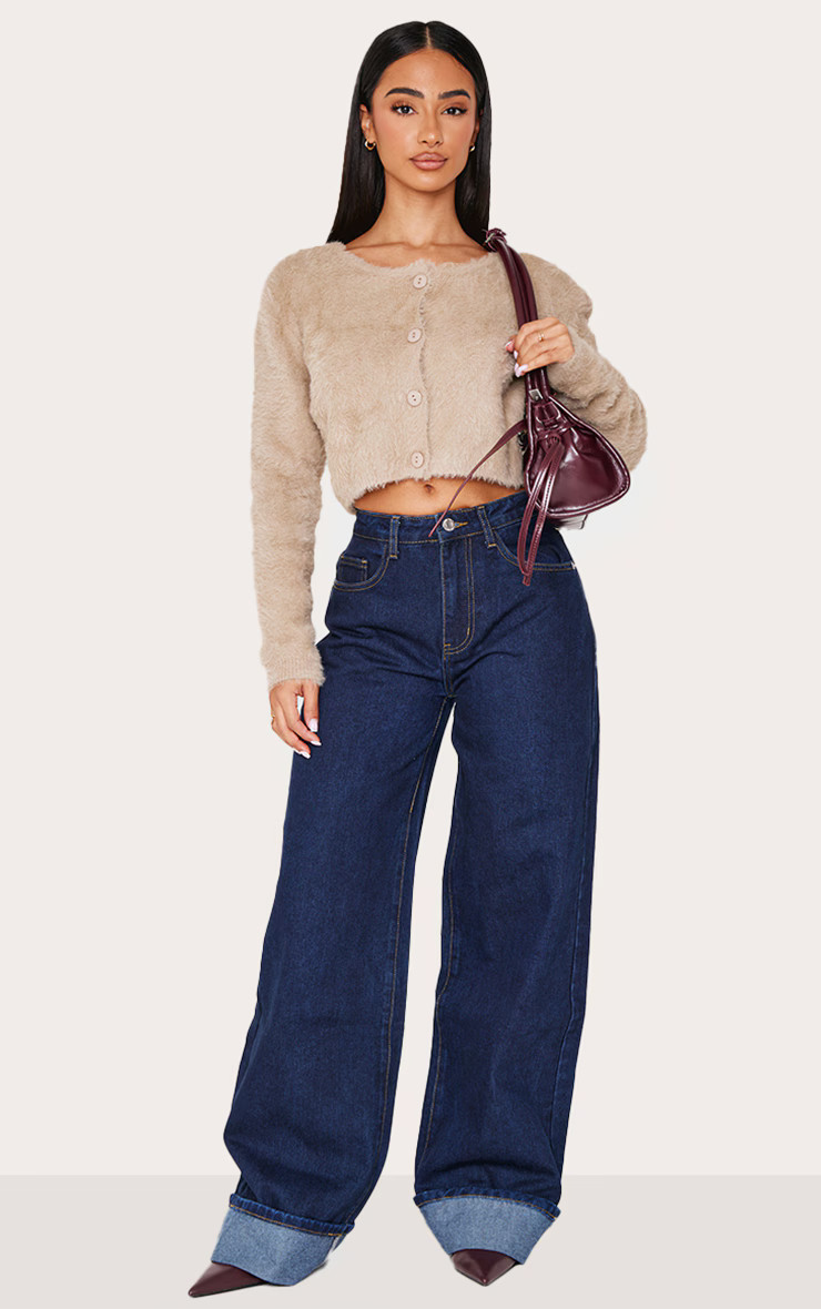 Petite Indigo Wide Leg Turn Up Hem Jeans | PrettyLittleThing US
