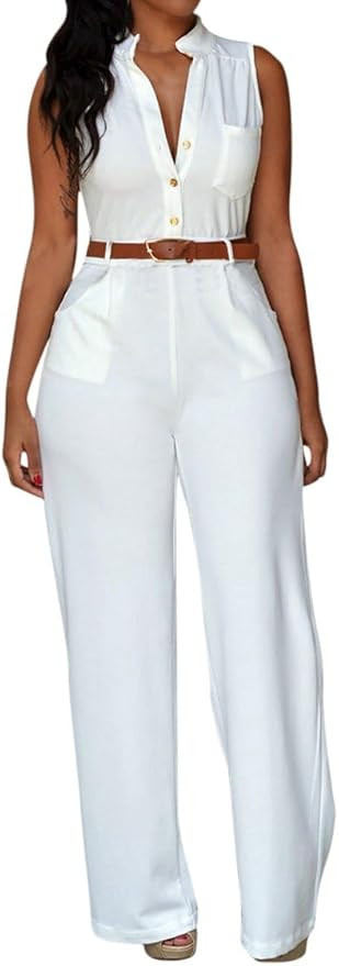 Pink Queen Jumpsuits for Women Dressy V Neck Sleeveless Wide Leg Long Pant Rompers Business Casua... | Amazon (US)