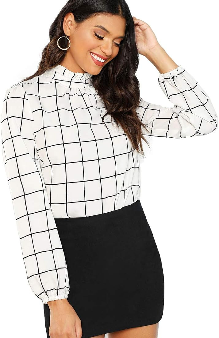 Romwe Women's Elegant Printed Stand Collar Long Sleeve Workwear Blouse Top Shirts | Amazon (US)
