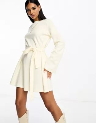 ASOS DESIGN super soft flare sleeve sweater swing mini dress with belt in winter white | ASOS (Global)