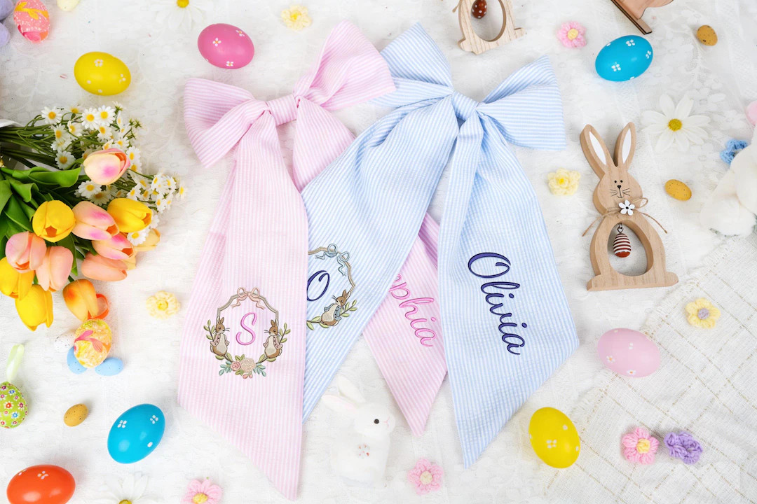Personalized Seersucker Easter Basket Bow, Monogrammed Bunny Design, Easter Basket Decoration, Ki... | Etsy (US)