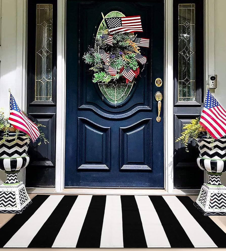 EARTHALL Black and White Striped Rug 27.5 x 43 Inches Cotton Hand-Woven Reversible Foldable Washa... | Amazon (US)