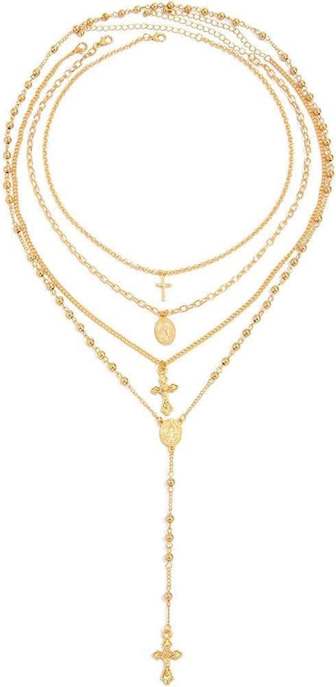 FUTIMELY Gold Layered Cross Necklace,Vintage Rosary Bead Virgin Mary Necklaces for Women,Stackabl... | Amazon (US)