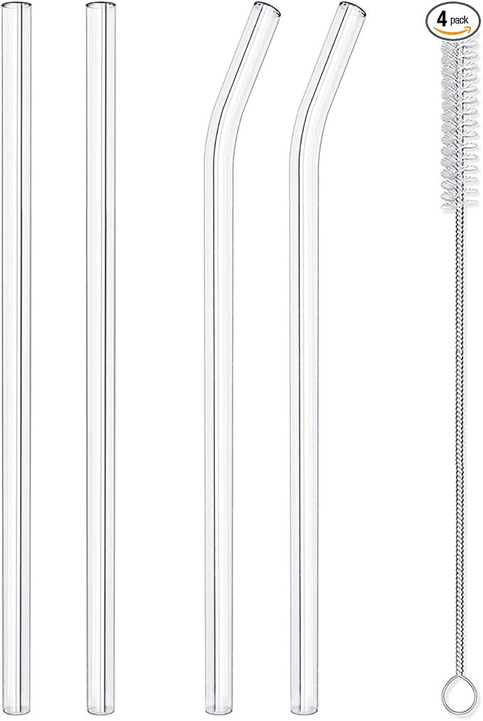 Hiware Reusable Glass Straws Set, 4-piece Drinking Staws with Cleaning Brush, 10" x 10 mm, Dishwa... | Amazon (US)