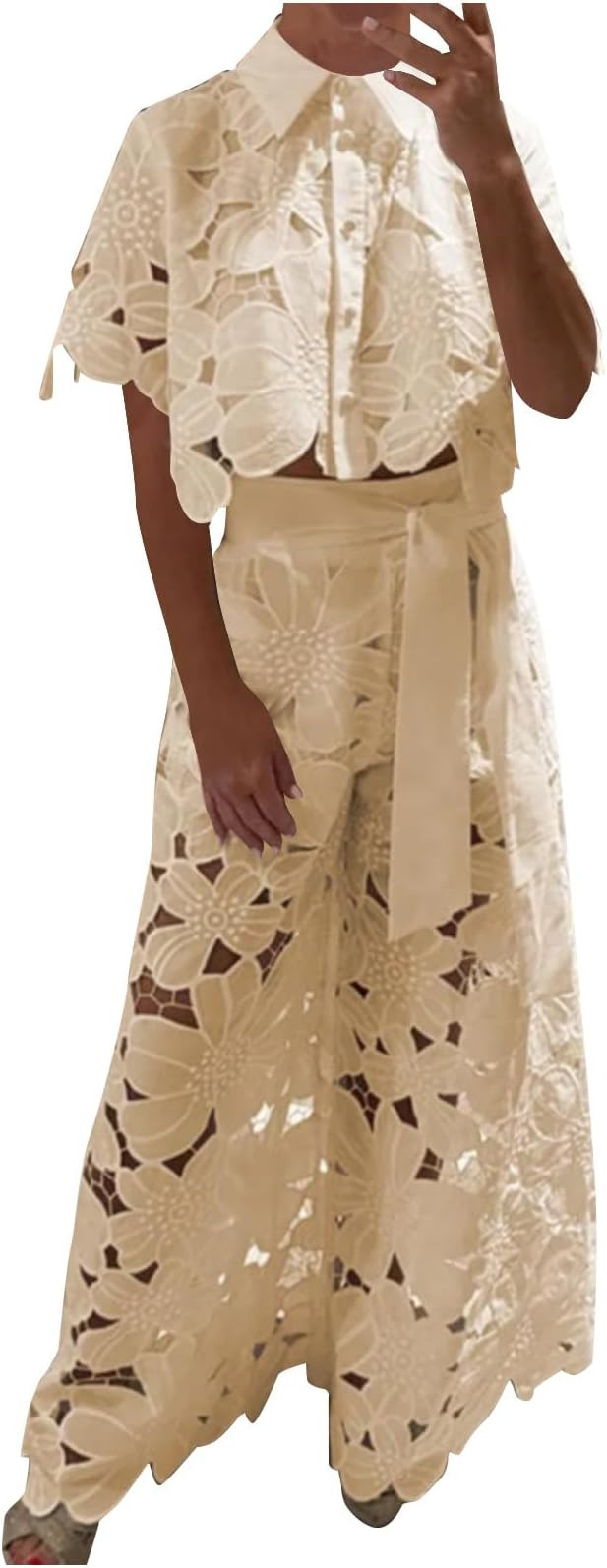 Women's Eyelet Lace Two Piece Outfits Floral Embroidery Shirts Short Sleeve Blouse Tops Wide Leg ... | Amazon (US)