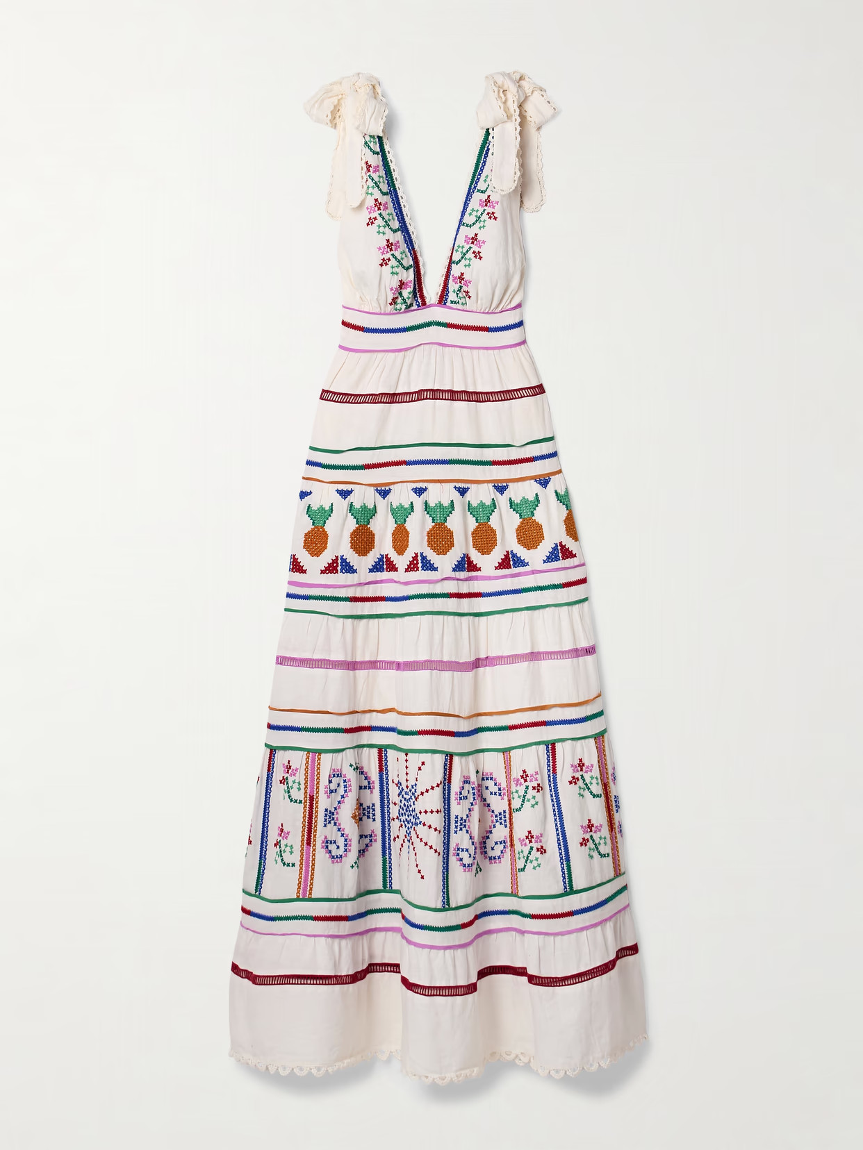 Farm Rio - Embroidered Tiered Linen-blend Maxi Dress - Off-white | NET-A-PORTER (US)