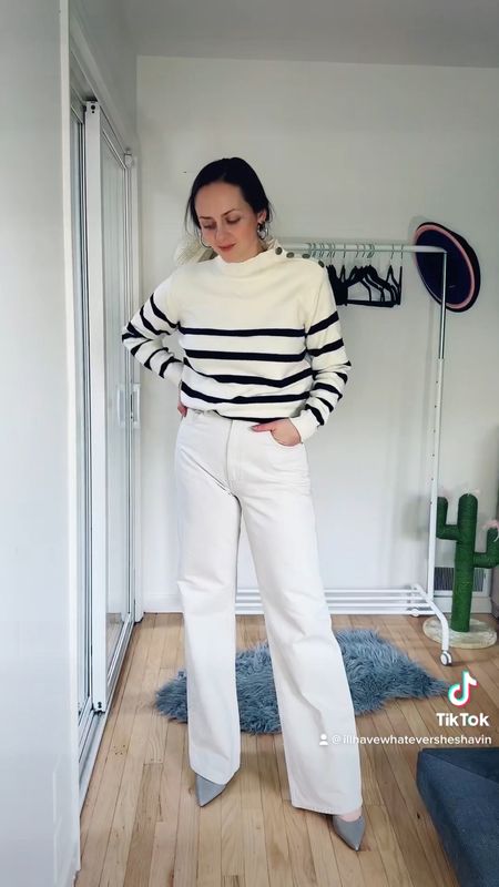 White jeans outfit idea - I pair these high waisted wide leg white jeans with the white striped sweater from Amazon and added a pair of grey pumps
Great work outfit (business casual)
#LTKshoecrush #affordablestyle #classicoutfit #whitejeans #wfhoutfit #officeoutfit

#LTKworkwear #LTKunder50 #LTKFind