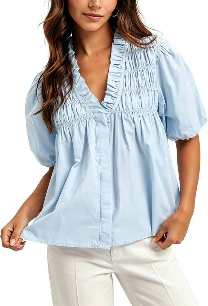 Esmeling Women Puff Short Sleeve Blouse Ruffle V Neck Smocked Top Loose Fit Flowy Summer Shirt | Amazon (US)