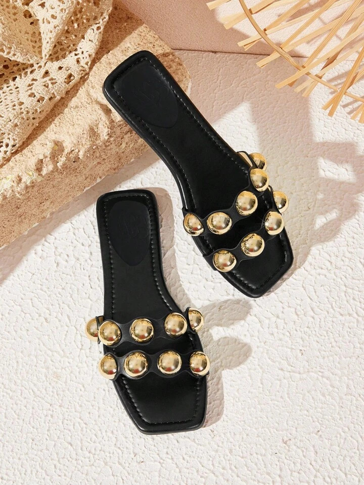 Styleloop Black Metal Buckle Square Toe Flat Sandals, Casual Vacation,Party, Date Shoes For Women... | SHEIN