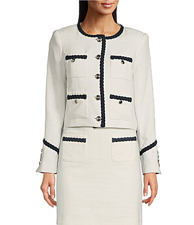 KARL LAGERFELD PARIS Tweed Round Neck Long Sleeve Braided Denim Detail Jacket - 14 | Dillard's